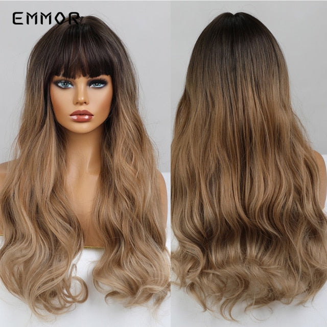 Emmor Synthetic Wigs Natural Ombre, Brown Wavy Hair Wig for Women Heat Resistant Fiber