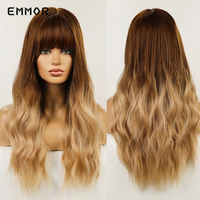Emmor Synthetic Wigs Natural Ombre, Brown Wavy Hair Wig for Women Heat Resistant Fiber