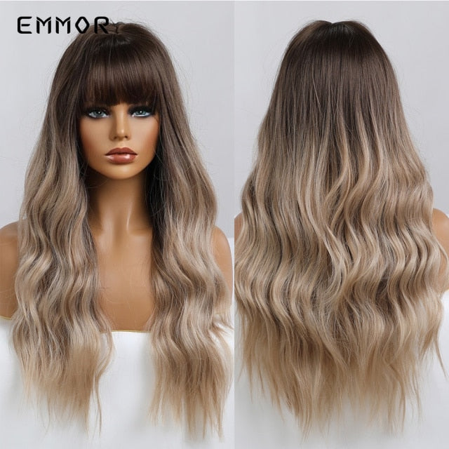 Emmor Synthetic Wigs Natural Ombre, Brown Wavy Hair Wig for Women Heat Resistant Fiber