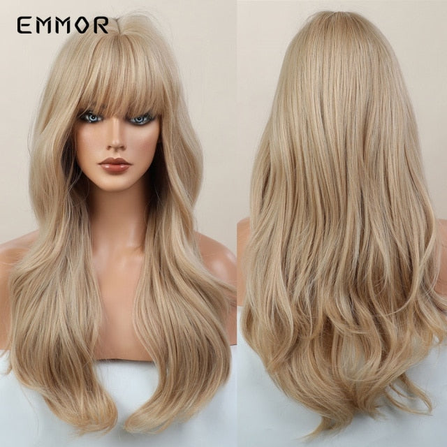 Emmor Synthetic Wigs Natural Ombre, Brown Wavy Hair Wig for Women Heat Resistant Fiber