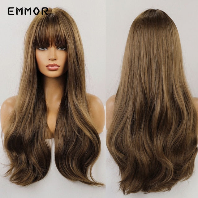 Emmor Synthetic Wigs Natural Ombre, Brown Wavy Hair Wig for Women Heat Resistant Fiber