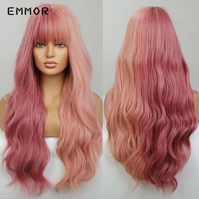 Emmor Synthetic Wigs Natural Ombre, Brown Wavy Hair Wig for Women Heat Resistant Fiber