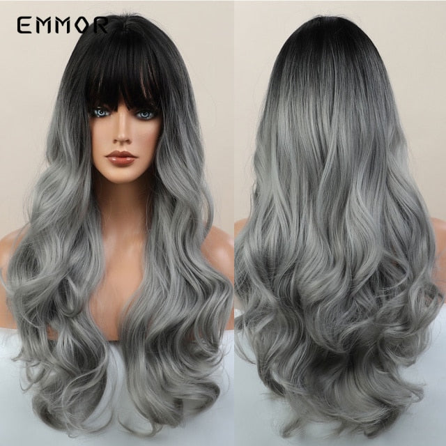 Emmor Synthetic Wigs Natural Ombre, Brown Wavy Hair Wig for Women Heat Resistant Fiber