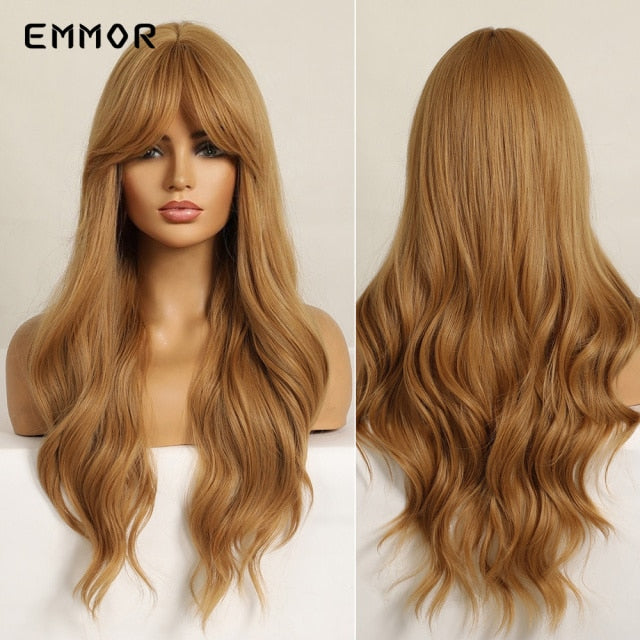 Emmor Synthetic Wigs Natural Ombre, Brown Wavy Hair Wig for Women Heat Resistant Fiber