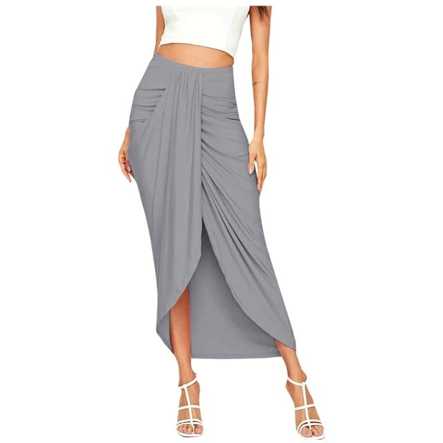 Casual Slit Wrap Asymmetrical Maxi Draped Solid Skirt
