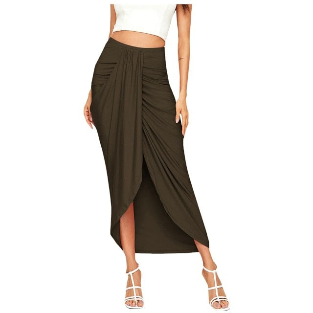 Casual Slit Wrap Asymmetrical Maxi Draped Solid Skirt