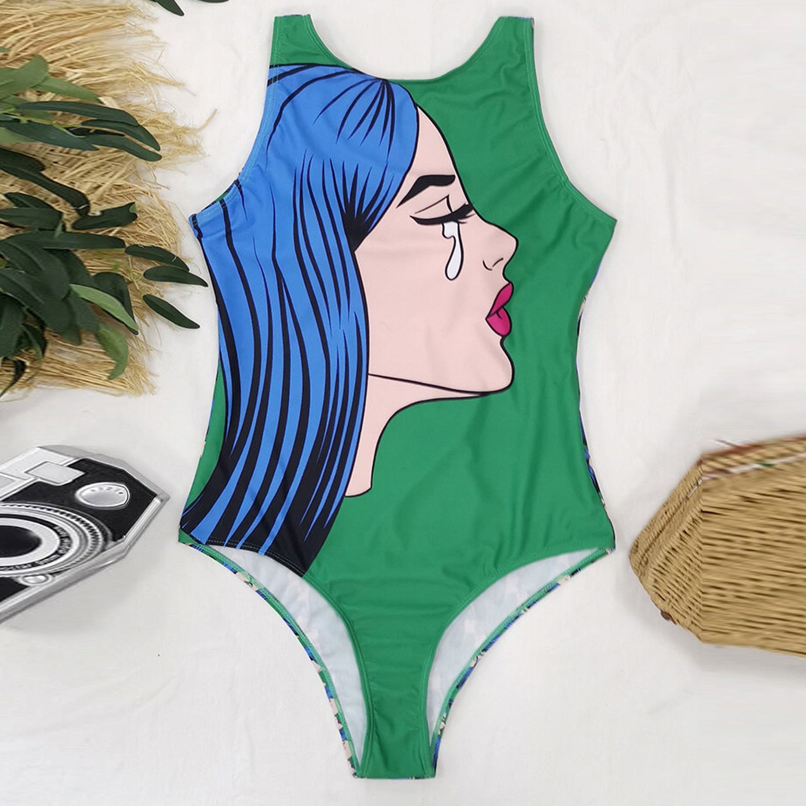 Backless One-Piece Graffiti Abstract Print Bathing Suit