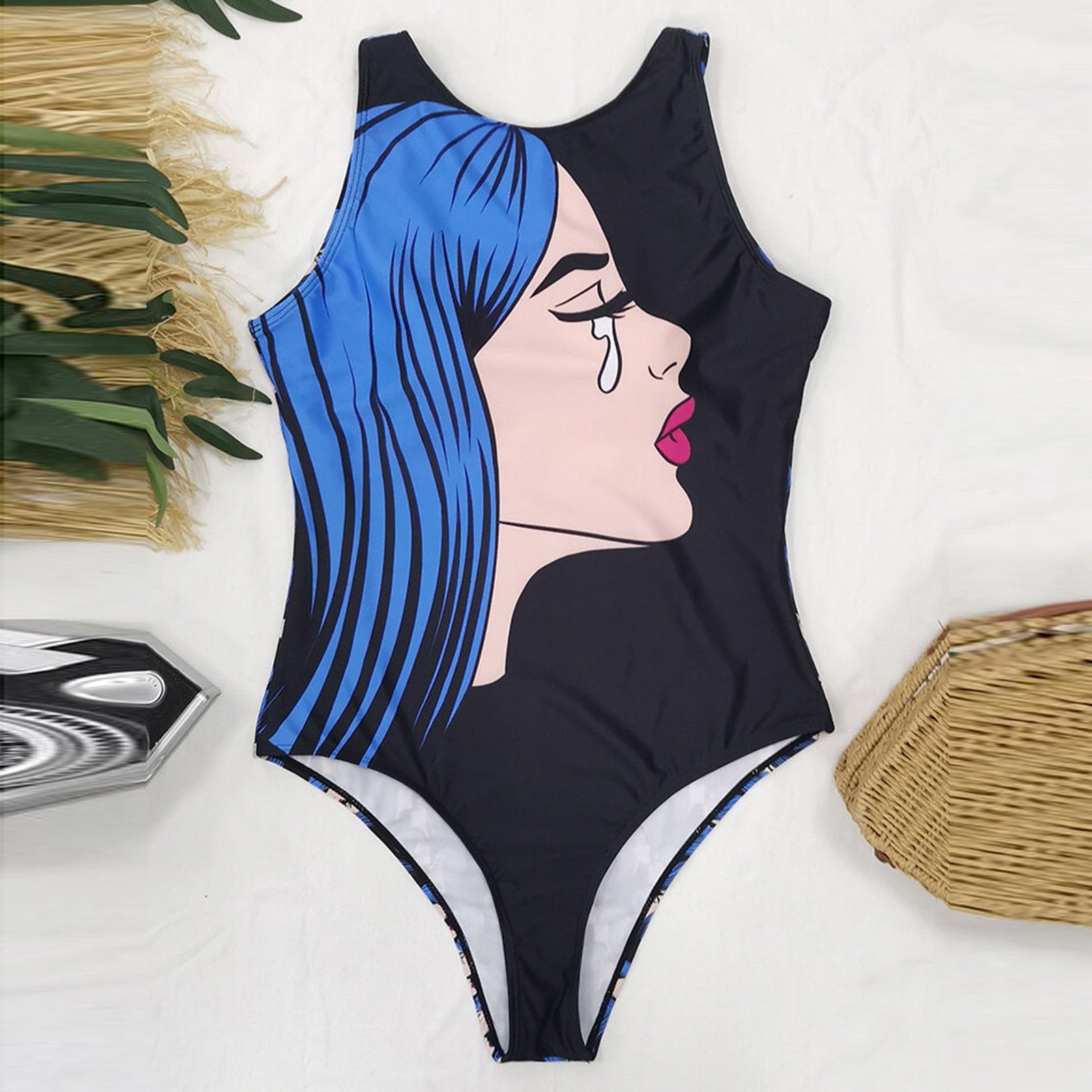 Backless One-Piece Graffiti Abstract Print Bathing Suit