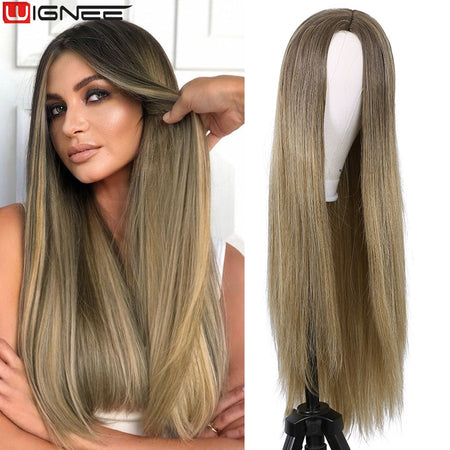 Long Straight Synthetic Wigs for Women Middle Part Pink Color Ombre Brown