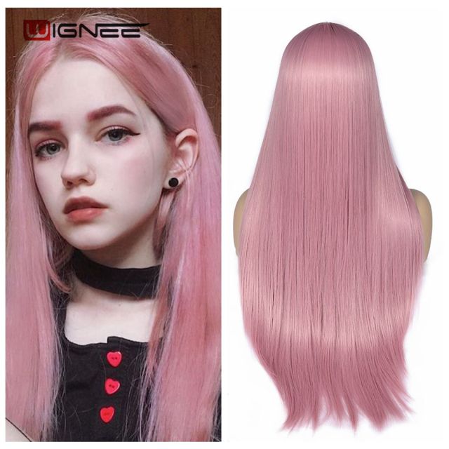 Long Straight Synthetic Wigs for Women Middle Part Pink Color Ombre Brown