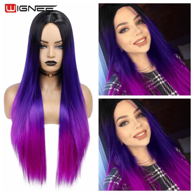 Long Straight Synthetic Wigs for Women Middle Part Pink Color Ombre Brown