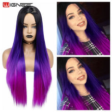 Cargar imagen en el visor de la galería, Long Straight Synthetic Wigs for Women Middle Part Pink Color Ombre Brown
