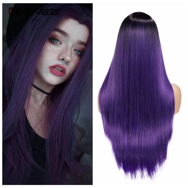 Long Straight Synthetic Wigs for Women Middle Part Pink Color Ombre Brown