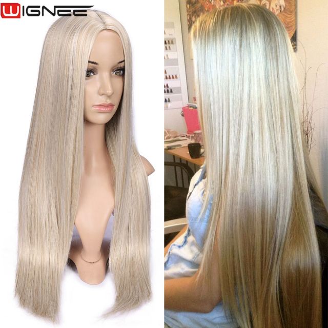 Long Straight Synthetic Wigs for Women Middle Part Pink Color Ombre Brown