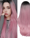 Long Straight Synthetic Wigs for Women Middle Part Pink Color Ombre Brown