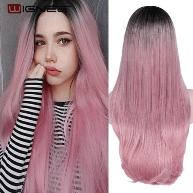 Long Straight Synthetic Wigs for Women Middle Part Pink Color Ombre Brown