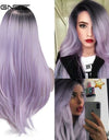 Long Straight Synthetic Wigs for Women Middle Part Pink Color Ombre Brown