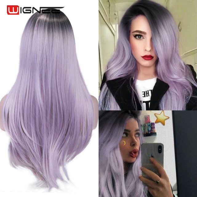 Long Straight Synthetic Wigs for Women Middle Part Pink Color Ombre Brown