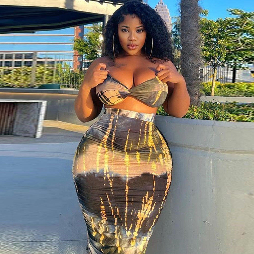 Two Piece Short Backless Strapless Crop Top and High Waist Skinny Knee-length Skirt