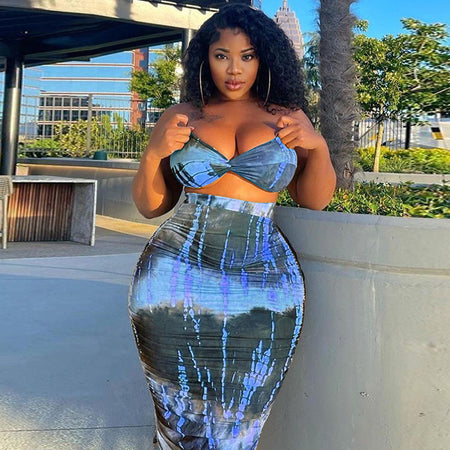 Two Piece Short Backless Strapless Crop Top and High Waist Skinny Knee-length Skirt