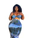 Two Piece Short Backless Strapless Crop Top and High Waist Skinny Knee-length Skirt