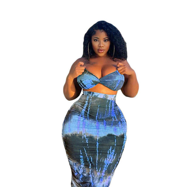 Two Piece Short Backless Strapless Crop Top and High Waist Skinny Knee-length Skirt