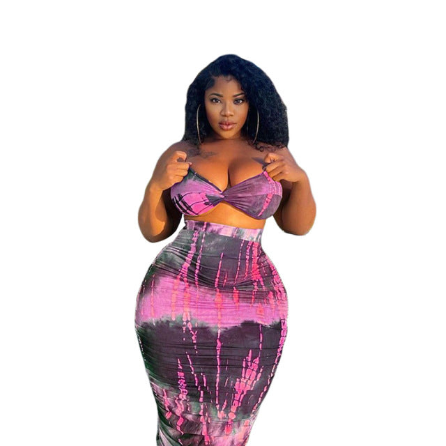 Two Piece Short Backless Strapless Crop Top and High Waist Skinny Knee-length Skirt