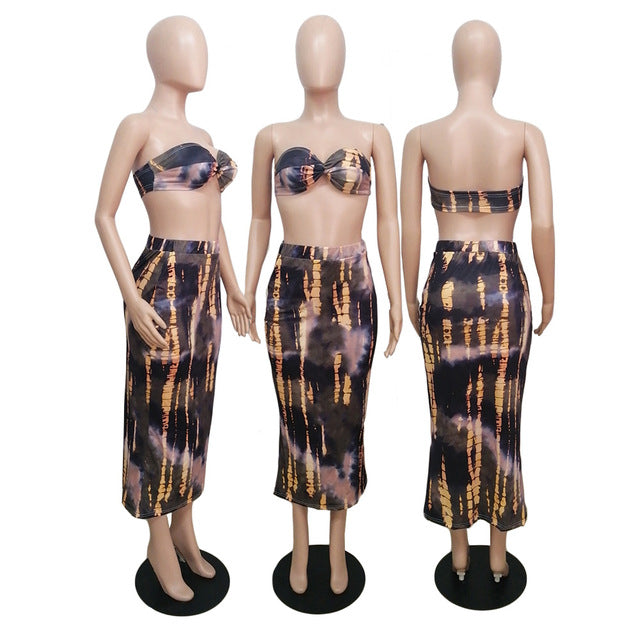 Two Piece Short Backless Strapless Crop Top and High Waist Skinny Knee-length Skirt
