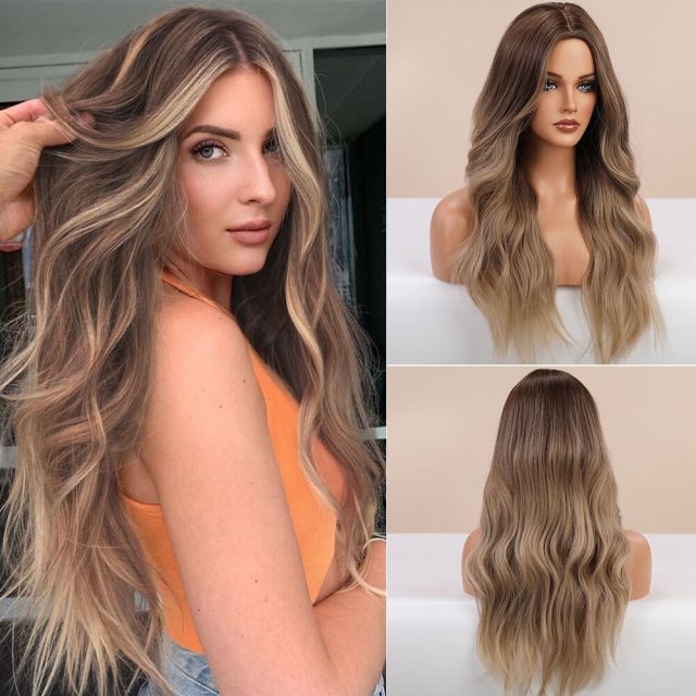 Long, Wavy Natural Synthetic Wig Ombre, Blonde & Brown