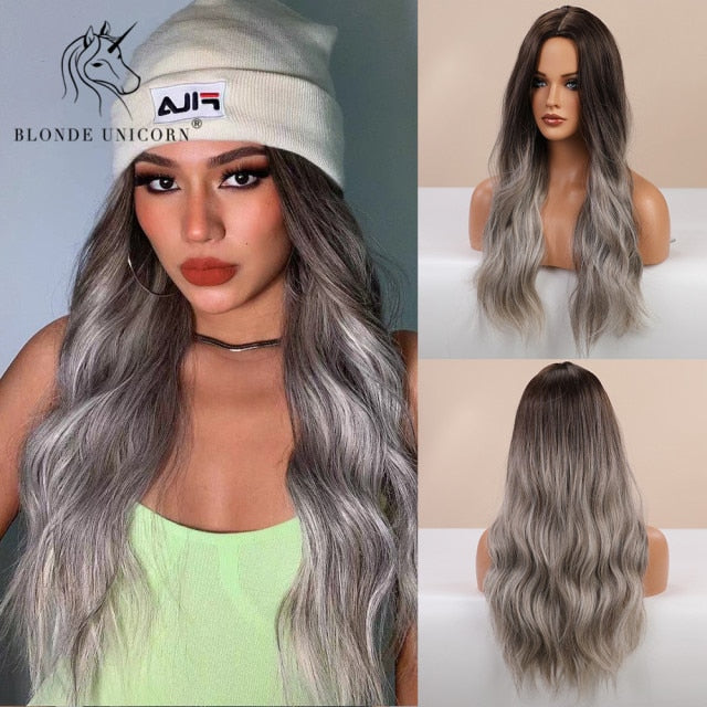 Long, Wavy Natural Synthetic Wig Ombre, Blonde & Brown