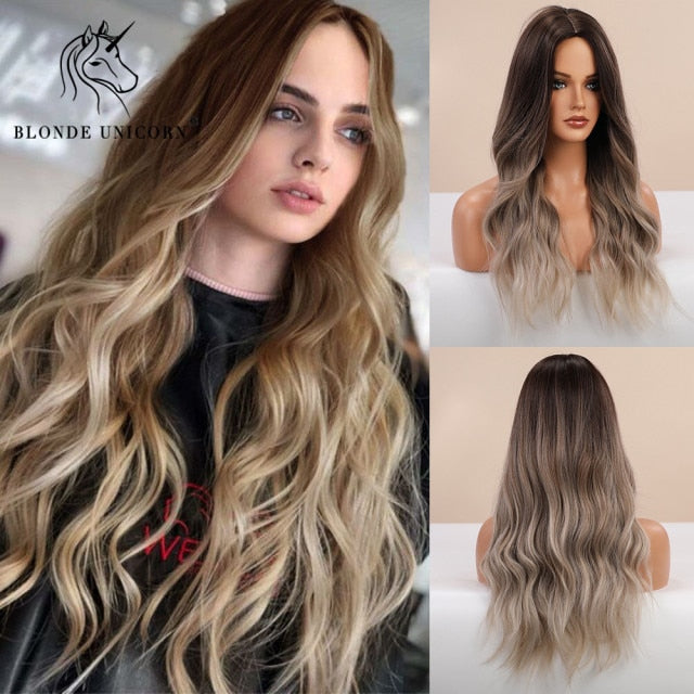 Long, Wavy Natural Synthetic Wig Ombre, Blonde & Brown