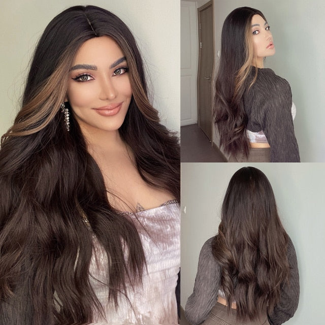 Long, Wavy Natural Synthetic Wig Ombre, Blonde & Brown