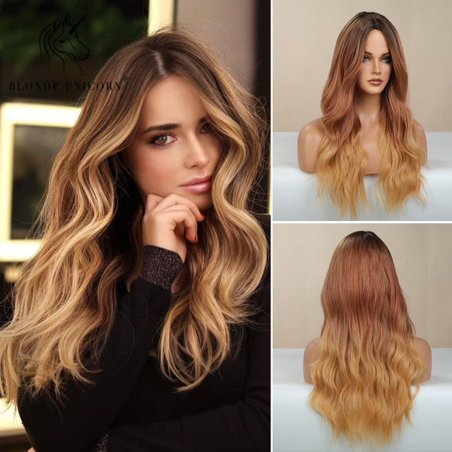 Long, Wavy Natural Synthetic Wig Ombre, Blonde & Brown
