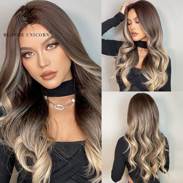 Long, Wavy Natural Synthetic Wig Ombre, Blonde & Brown