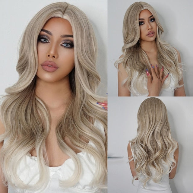 Long, Wavy Natural Synthetic Wig Ombre, Blonde & Brown