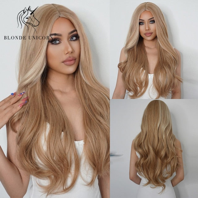 Long, Wavy Natural Synthetic Wig Ombre, Blonde & Brown