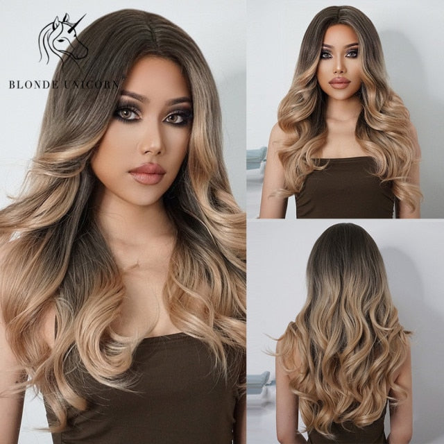 Long, Wavy Natural Synthetic Wig Ombre, Blonde & Brown