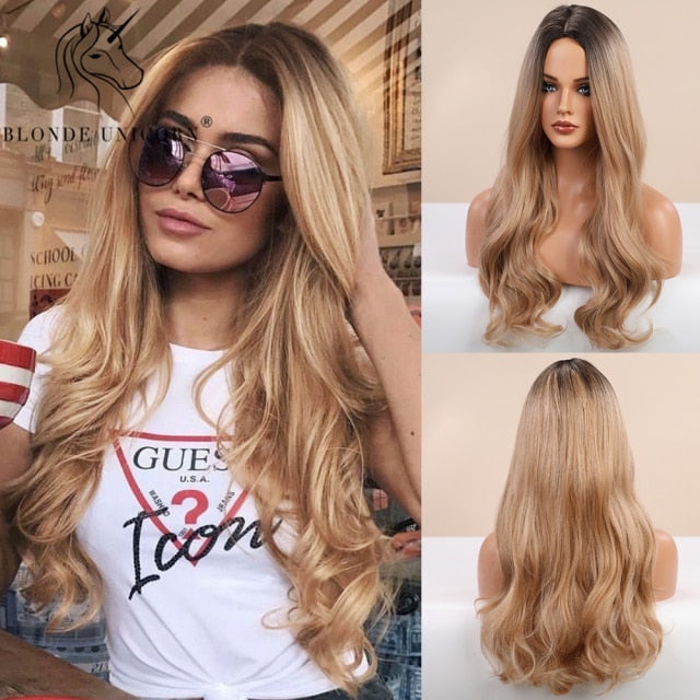 Long, Wavy Natural Synthetic Wig Ombre, Blonde & Brown