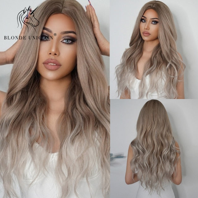 Long, Wavy Natural Synthetic Wig Ombre, Blonde & Brown