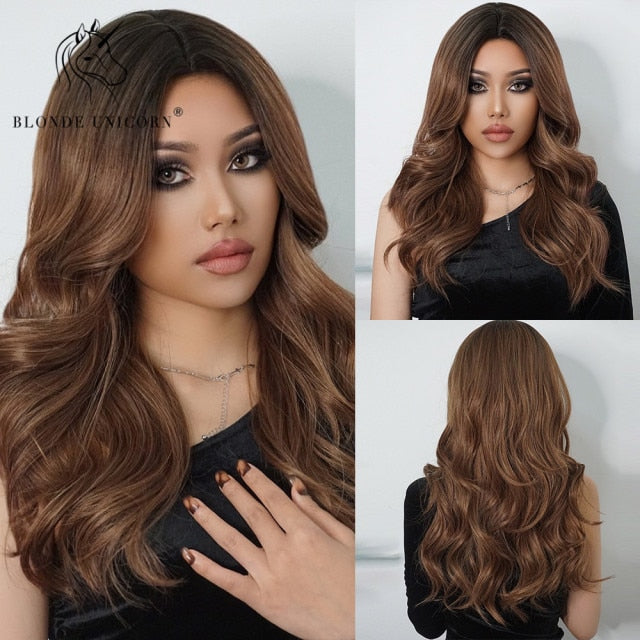Long, Wavy Natural Synthetic Wig Ombre, Blonde & Brown