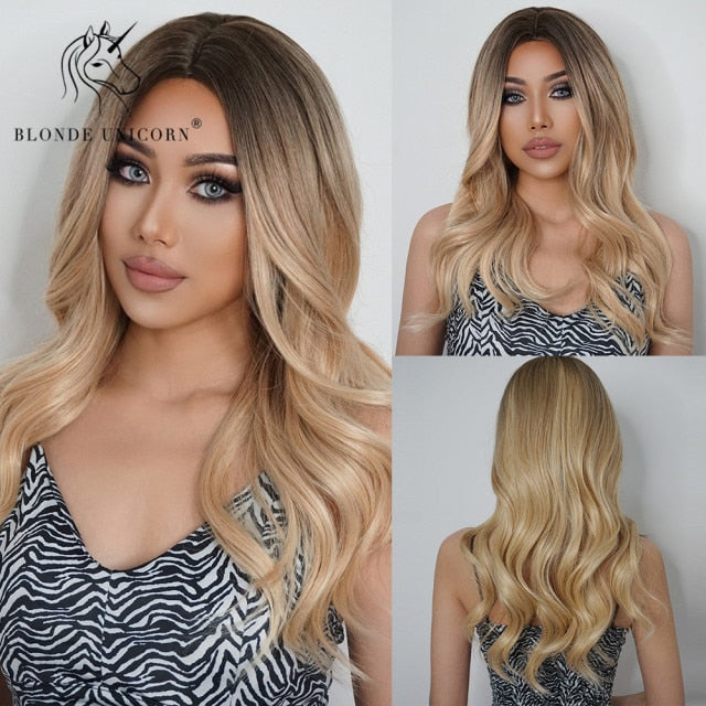 Long, Wavy Natural Synthetic Wig Ombre, Blonde & Brown
