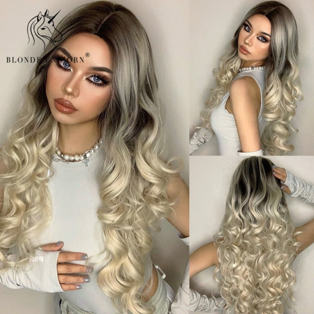 Long, Wavy Natural Synthetic Wig Ombre, Blonde & Brown