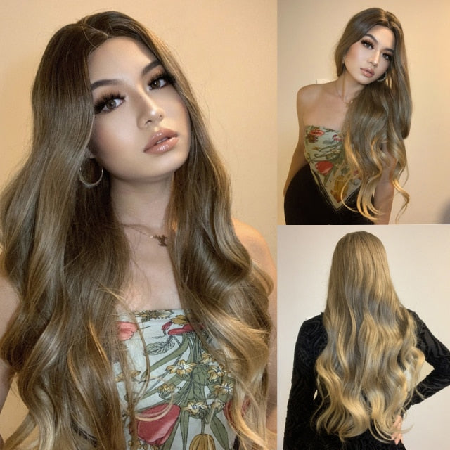 Long, Wavy Natural Synthetic Wig Ombre, Blonde & Brown