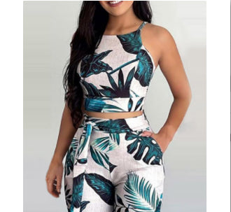 2-piece set palm leaf print sling suit