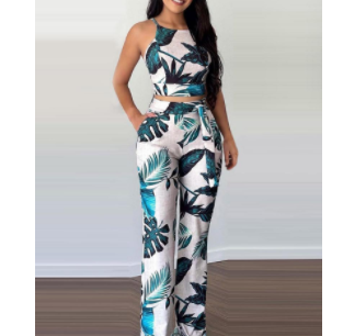 2-piece set palm leaf print sling suit