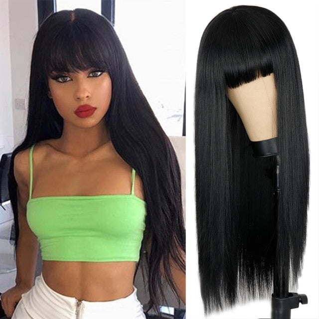 Heat Resistant Natural Hair Long Straight Wig With Bangs