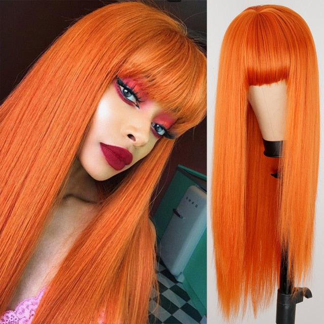 Heat Resistant Natural Hair Long Straight Wig With Bangs