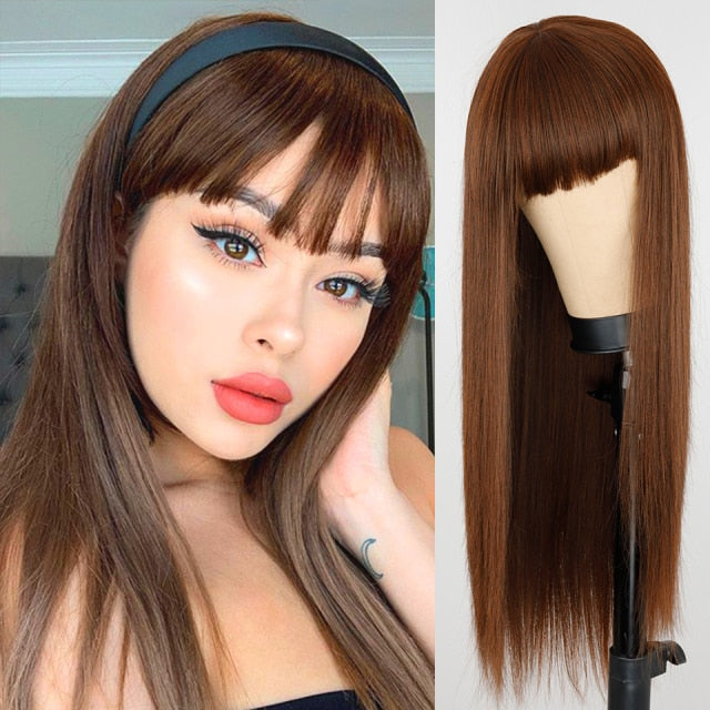 Heat Resistant Natural Hair Long Straight Wig With Bangs