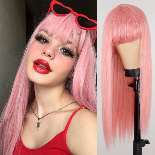 Heat Resistant Natural Hair Long Straight Wig With Bangs