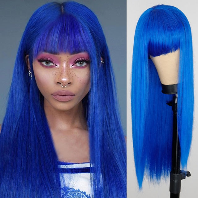 Heat Resistant Natural Hair Long Straight Wig With Bangs